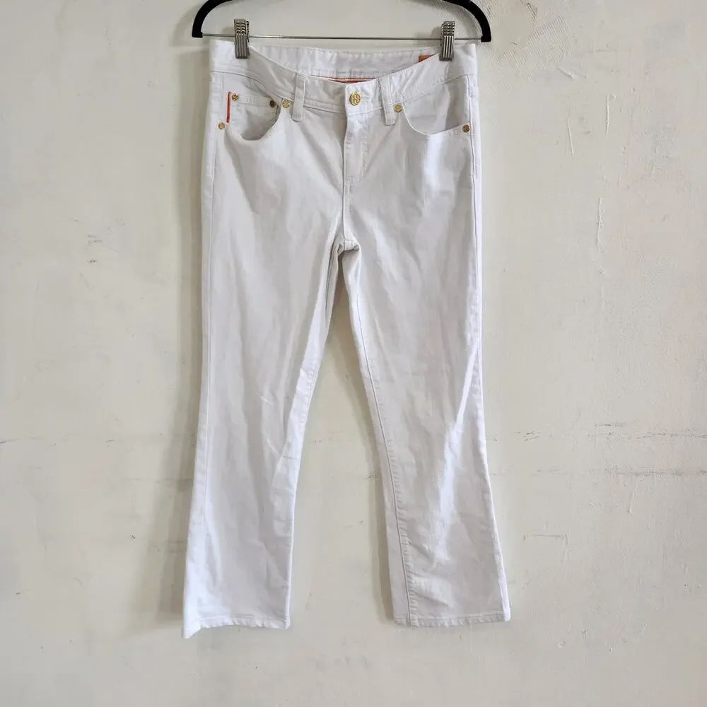 Tory Burch White Cropped Slim Boot Cut Jeans Size 28 Luxury Denim Logo Pockets